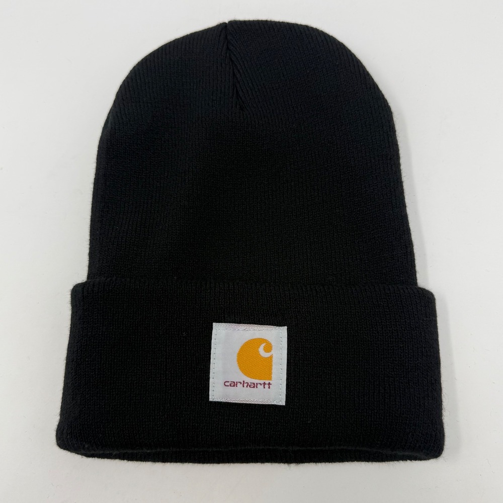 Carhartt Acrylic Watch Hat Black Ribbed Knit Beanie A18 Logo Patch Hat
